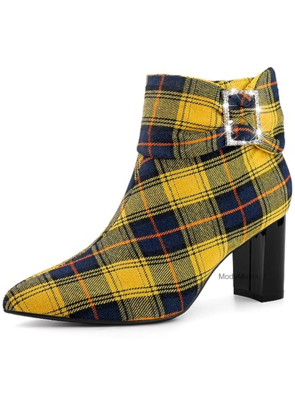 Plaid Pointy Toe Ankle Boots Rhinestone Bow Chunky Heel Zipper Women